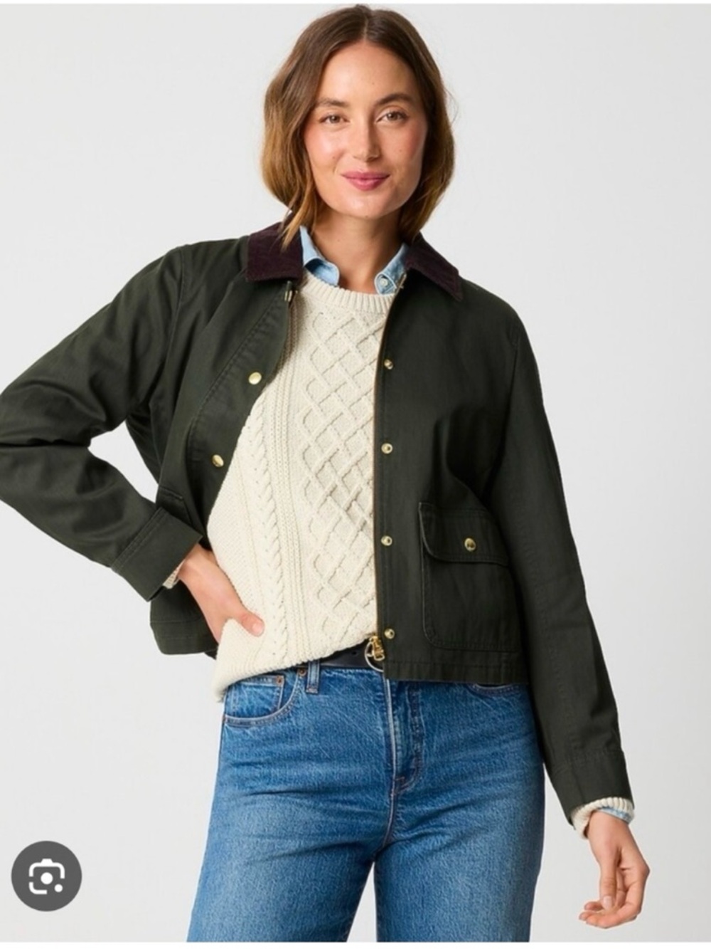 Dark Olive Cropped Utility Jacket with Corduroy Collar